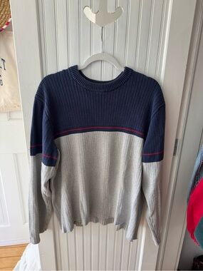 Men's Polo Ralph Lauren Cropped Navy and Light Gray Ribbed Crewneck Sweater